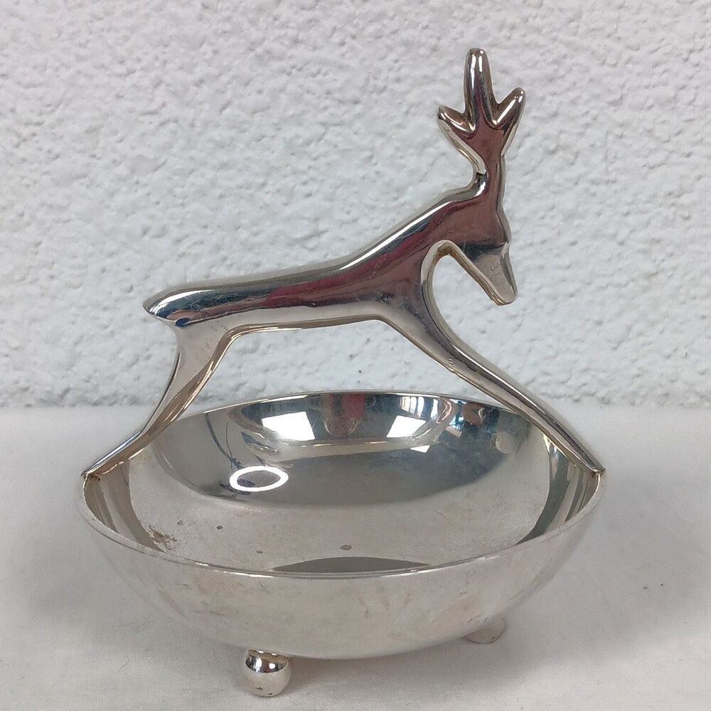 Christmas Themed Silver Tone Reindeer Bowl/Candy Dish Small Trinket Size